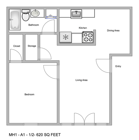 a floor plan of a studio apartment with a bedroom and a living room